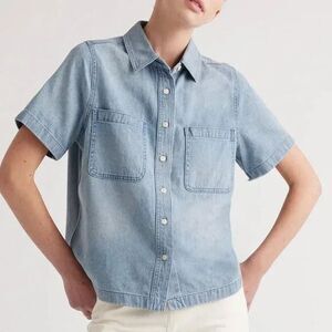 Quince Distressed Denim Short Sleeve Shirt Blue Size XL